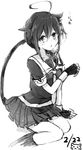  ahoge braid cat_tail dated fingerless_gloves gloves greyscale hair_flaps hair_ornament hair_over_shoulder kantai_collection kazuhito_(1245ss) long_hair looking_at_viewer monochrome open_mouth remodel_(kantai_collection) school_uniform serafuku shigure_(kantai_collection) single_braid sitting solo tail translated yokozuwari 