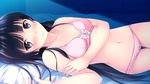  bed black_hair bra breasts brown_eyes game_cg habane_kotori indoors kono_oozora_ni_tsubasa_wo_hirogete long_hair looking_at_viewer lying navel on_back panties pillow pink_bra pink_panties small_breasts smile solo underwear underwear_only yashima_takahiro 