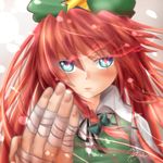  bandages blue_eyes bow braid hat highres hong_meiling long_hair looking_at_viewer red_hair seiya_(iiseven) solo star touhou twin_braids 