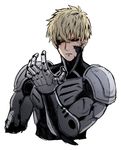  723_(tobi) bad_id bad_pixiv_id black_sclera blonde_hair cyborg damaged genos looking_at_viewer male_focus one-punch_man solo upper_body white_background yellow_eyes 