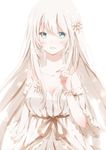  aqua_eyes blonde_hair bracelet breasts cleavage collarbone dress earrings flower hair_flower hair_ornament highres hiro_(hirohiro31) jewelry large_breasts layered_dress long_hair looking_at_viewer open_mouth original sash smile solo strapless strapless_dress very_long_hair white_dress wide_sleeves 
