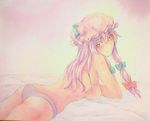  ass blue_bow blue_ribbon bow breasts cowboy_shot from_side hair_ribbon hat hat_ribbon long_hair looking_at_viewer looking_back looking_to_the_side lying medium_breasts on_bed on_stomach panties patchouli_knowledge pink_background purple_eyes purple_hair purple_panties red_bow red_ribbon ribbon seductive_smile sideboob smile solo topless touhou traditional_media underwear underwear_only watercolor_(medium) yuyu_(00365676) 