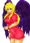  blonde_hair bracelet breasts breath_of_fire breath_of_fire_ii breath_of_fire_iii brooch cosplay full_body green_eyes jewelry long_hair miniskirt nina_(breath_of_fire_ii) nina_(breath_of_fire_iii) puffy_sleeves red_skirt short_sleeves simple_background skirt solo spiked_hair white_background wings 