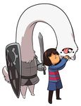  affection ambiguous_gender canine clothing derp dog duo fur happy human lesser_dog mammal melee_weapon open_mouth petting protagonist_(undertale) shirt simple_background sword tongue tongue_out undertale unknown_artist video_games weapon white_background white_fur 