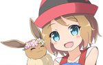  :d blue_eyes blush brown_hair eevee eyebrows_visible_through_hair flower_wreath gen_1_pokemon hat head_wreath nekono_rin open_mouth pokemon pokemon_(anime) pokemon_(creature) serena_(pokemon) short_hair smile 