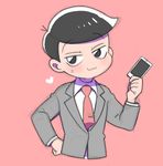  :3 bad_id bad_twitter_id black_hair blush cellphone formal half-closed_eyes hand_on_hip heart male_focus matsuno_todomatsu mua_(sleeping_earth) necktie osomatsu-kun osomatsu-san phone pink_background simple_background smartphone smile solo suit 