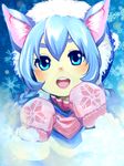  :d animal_ears baru_tantan blue_eyes blue_hair braid hat highres koyomi_(shironeko_project) lips mittens open_mouth shironeko_project smile snowflakes solo twin_braids winter_clothes wolf_ears 