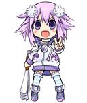  bad_id bad_pixiv_id blush chibi d-pad d-pad_hair_ornament fan full_body hair_ornament harisen kamia_(not_found) looking_at_viewer neptune_(choujigen_game_neptune) neptune_(series) open_mouth purple_eyes purple_hair smile solo striped striped_legwear v 