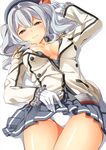  beret blush breasts buttons byte_(allbyte) epaulettes frilled_sleeves frills gloves grey_eyes grey_hair hat highres jacket kantai_collection kashima_(kantai_collection) large_breasts looking_at_viewer lying military military_uniform miniskirt on_back panties pleated_skirt sidelocks skirt smile solo twintails unbuttoned underwear uniform wavy_hair white_gloves white_panties 