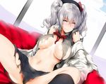  blush bow bowtie breasts grey_hair hat hat_bow hews_hack kantai_collection kashima_(kantai_collection) large_breasts looking_at_viewer miniskirt skirt smile solo torn_clothes twintails 