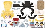  absurdres bandana blonde_hair breasts chibi copyright_name cutlass_(sword) el_joey facial_scar gills grin head_fins highres medium_breasts mermaid monster_girl monster_musume_no_iru_nichijou paper_cutout papercraft red_eyes scar shark_girl shark_race_(monster_musume) sharp_teeth shirt smile solo striped striped_shirt teeth underboob watermark web_address 