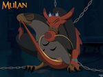  2015 animal_genitalia avian beak bird bound chain cloaca dragon eyes_closed falcon feral front_view fully_bound gag gagged hayabusa_(mulan) male male/male mcfan mulan mushu penis power_bottom sex signature straddling tail_pull 