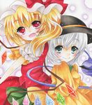  ascot blonde_hair crystal eyeball flandre_scarlet green_eyes green_hair hat hat_ribbon heart heart_of_string komeiji_koishi long_sleeves marker_(medium) mizame multiple_girls open_mouth puffy_short_sleeves puffy_sleeves red_eyes ribbon shirt short_hair short_sleeves side_ponytail silver_hair skirt smile third_eye touhou traditional_media vest wings 