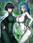  \n/ bangs black_dress black_hair blue_hair bodysuit breast_envy breast_press breast_suppress breasts closed_mouth covered_navel dress flipped_hair floating fubuki_(one-punch_man) fur_coat glasses glowing glowing_eyes green_dress green_eyes green_hair hair_between_eyes hand_on_hip highres impossible_clothes jacket_on_shoulders jewelry large_breasts levitation long_hair long_sleeves looking_at_viewer multiple_girls necklace one-punch_man parted_lips pince-nez pinky_out psychos rimless_eyewear rock short_hair siblings side_slit sisters small_breasts smile symmetrical_docking tatsumaki taut_clothes taut_dress telekinesis the_golden_smurf wavy_hair 
