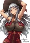  albino arms_up bangs belt between_breasts blush breasts buckle character_name cleavage closed_mouth granblue_fantasy grey_hair hands_on_own_head hat large_breasts lipstick long_hair magisa_(granblue_fantasy) makeup red_eyes sakiyamama side_cutout simple_background sitting smile solo twitter_username upper_body very_long_hair white_background witch witch_hat wrist_cuffs 