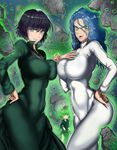  \n/ bangs black_dress black_hair blue_hair bodysuit breast_envy breast_press breast_suppress breasts closed_mouth covered_navel dress flipped_hair floating fubuki_(one-punch_man) glasses glowing glowing_eyes green_dress green_eyes green_hair hair_between_eyes hand_on_hip highres impossible_clothes jewelry large_breasts levitation long_hair long_sleeves looking_at_viewer multiple_girls necklace one-punch_man parted_lips pince-nez pinky_out psychos rimless_eyewear rock short_hair siblings side_slit sisters small_breasts smile symmetrical_docking tatsumaki taut_clothes taut_dress telekinesis the_golden_smurf wavy_hair 