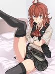  ahoge arashi_(kantai_collection) bed belt black_panties blouse downscaled gloves grey_legwear highres kantai_collection kerchief leg_lift md5_mismatch messy_hair panties pillow pleated_skirt red_hair resized searchlight short_hair silver_eyes sitting skirt solo thighhighs ulrich_(tagaragakuin) underwear vest white_gloves 
