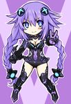  bad_id bad_pixiv_id blue_eyes braid breasts chibi full_body gloves hair_ornament kamia_(not_found) large_breasts leotard long_hair looking_at_viewer neptune_(series) purple_hair purple_heart solo symbol-shaped_pupils twin_braids v very_long_hair 