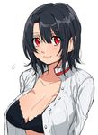  black_bra black_hair blush bra breasts kantai_collection large_breasts looking_at_viewer open_clothes open_shirt red_eyes shirt short_hair simple_background smile solo takao_(kantai_collection) underwear upper_body white_background yukichi_(ohuton_zzz) 