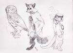  avian bird canine cloak clothing coat english_text facial_hair female feral fox hat lantur looking_at_viewer male mammal monochrome mustache mustelid nutwing otter owl pipe redwall semi-anthro sketch slushpuppy smoking sneaking text 