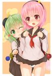  alternate_costume assisted_exposure backpack bag contemporary green_eyes green_hair hairband hat heart highres komeiji_koishi komeiji_satori long_sleeves mini_hat multiple_girls neckerchief one_eye_closed open_mouth panties pantyshot pantyshot_(standing) pink_eyes pink_hair school_uniform serafuku shiron_(e1na1e2lu2ne3ru3) shirt siblings sisters skirt skirt_lift standing thighs third_eye tongue tongue_out touhou underwear white_panties 