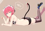  animal_ears artist_name bad_id bad_pixiv_id bare_back bell bikini black_bikini black_legwear black_ribbon blue_footwear bracelet breasts brown_background cat_ears cat_tail closers earrings expressionless green_eyes hair_ribbon high_heels huyou_(awegk) jewelry jingle_bell looking_at_viewer lying maid_headdress nail_polish on_stomach pink_hair red_nails red_ribbon ribbon seulbi_lee shoes short_hair sideboob simple_background small_breasts solo speech_bubble spoken_animal striped_bikini_top swimsuit tail thighhighs yellow_ribbon 