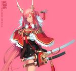  absurdres acid_g artist_name bad_id bad_pixiv_id braid crossed_arms dragon fur hair_ornament highres horns jewelry katana lipstick long_hair looking_at_viewer makeup original pink_hair red_eyes simple_background slit_pupils solo sword very_long_hair weapon 