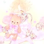  blonde_hair chiyori freckles gokotai gokotai's_tigers hair_over_one_eye heart heart_pillow male_focus over-kneehighs pillow sitting stuffed_animal stuffed_toy teddy_bear thighhighs tiger tiger_cub touken_ranbu wariza white_legwear white_tiger yellow_eyes 