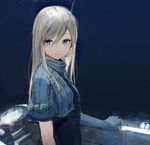  asymmetrical_clothes bangs blonde_hair blue blue_eyes cropped_jacket expressionless gloves gloves_removed headwear_removed highres jitome kantai_collection long_hair machinery shion_(mirudakemann) short_sleeves solo swept_bangs u-511_(kantai_collection) 