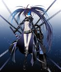  arm_cannon bangs belt bikini_top black_footwear black_gloves black_hair black_rock_shooter black_rock_shooter_(character) black_shorts blue_eyes blue_hair blurry boots breasts buckle chain choker closed_mouth coat dual_wielding full_body gloves glowing glowing_eye gradient gradient_background groin hair_between_eyes hair_ribbon holding katana knee_boots lens_flare long_hair long_sleeves looking_at_viewer midriff pale_skin ribbon scar shorts small_breasts solo sword twintails underboob uneven_twintails very_long_hair vkekrdhs weapon 