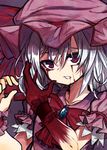 blood bloody_hands bloody_tears blue_hair clenched_teeth hat hat_ribbon highres izayoi_cha looking_at_viewer mob_cap puffy_sleeves red_eyes remilia_scarlet ribbon short_hair short_sleeves solo teeth touhou upper_body wrist_cuffs 