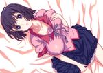  bed_sheet breast_suppress breasts breasts_apart collarbone covered_nipples hair_ornament hairclip hand_on_own_chest hanekawa_tsubasa hirose_(mokiki) lace large_breasts looking_at_viewer lying monogatari_(series) neck_ribbon on_back on_bed parted_lips pink_shirt purple_eyes purple_hair ribbon school_uniform shirt short_hair short_sleeves skirt solo 