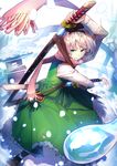  adapted_costume commentary_request dual_wielding green_eyes hair_ribbon highres holding katana konpaku_youmu konpaku_youmu_(ghost) long_sleeves ribbon scarf sheath shirt short_hair silver_hair skirt skirt_set solo sword touhou unsheathing uu_uu_zan vest weapon 