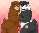  anthro back bear biceps black_fur black_hair brown_fur butt damien erection facial_piercing fur grizzly_bear hair humanoid_penis juuichi_mikazuki looking_at_viewer male mammal morenatsu multicolored_hair musclegut muscular nude panda penis piercing red_eyes red_hair schwarzfox tattoo 