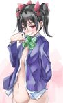  arm_behind_back black_hair blazer blush bottomless bow commentary_request dress_shirt flat_chest grin groin hair_ribbon jacket looking_at_viewer love_live! love_live!_school_idol_festival love_live!_school_idol_project no_bra open_clothes open_shirt out-of-frame_censoring red_eyes ribbon shirt smile solo twintails yazawa_nico yohane 