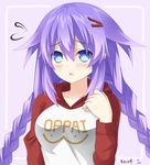  :3 artist_name blush braid chestnut_mouth clothes_writing collarbone cosplay flying_sweatdrops hair_between_eyes hair_ornament hairclip hand_on_own_chest hood hoodie keenh long_hair long_sleeves neptune_(series) one-punch_man oppai_hoodie parted_lips purple_background purple_eyes purple_hair purple_heart raglan_sleeves saitama_(one-punch_man) saitama_(one-punch_man)_(cosplay) shirt sidelocks simple_background solo symbol-shaped_pupils twin_braids 