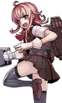  :d ahoge arashi_(kantai_collection) belt blouse clenched_hand commentary_request gloves grey_legwear gun holding holding_gun holding_weapon kantai_collection kerchief leg_up loafers looking_back machinery messy_hair open_mouth pleated_skirt red_hair school_uniform shoes skirt smile solo standing standing_on_one_leg thighhighs torpedo v-shaped_eyebrows vest weapon white_background white_gloves yu_65026 