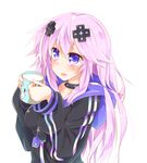  adult_neptune blush cup d-pad d-pad_hair_ornament hair_ornament hood hooded_track_jacket jacket long_hair milk mug neptune_(series) open_mouth purple_eyes purple_hair rinrin_(927413) solo track_jacket 