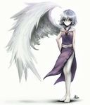  adapted_costume arm_behind_back ascot bad_id bad_pixiv_id barefoot brooch cross dress expressionless feathered_wings full_body fur_trim hand_on_hip heart jewelry kishin_sagume legs looking_at_viewer purple_dress red_eyes shiny shiny_hair short_hair silver_hair simple_background single_wing solo thighs touhou white_background white_wings wings yuxyon 