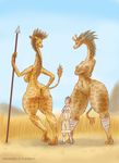  2014 anthro bandage blue_eyes breasts butt female giraffe green_eyes human long_neck male mammal nipples nude red_eyes savannah size_difference spiky_hair thick_thighs two_girls weapon weasselk wide_hips 