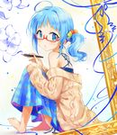  :o ahoge bare_shoulders barefoot blue_eyes blue_hair blush frame from_side full_body glasses long_hair looking_at_viewer multicolored multicolored_stripes original red-framed_eyewear sakuro scrunchie semi-rimless_eyewear side_ponytail sitting solo striped stylus sweater under-rim_eyewear 