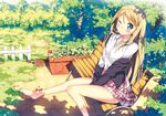  ;) bangs bare_legs barefoot bench between_legs blazer blonde_hair blue_eyes blush brick bush closed_mouth collared_shirt dress_shirt fence from_side garden grass hair_between_eyes hand_between_legs highres jacket kantoku_(style) kawai long_hair long_sleeves looking_at_viewer looking_to_the_side miniskirt off_shoulder one_eye_closed original outdoors outstretched_leg park_bench plaid plaid_skirt plant potted_plant school_uniform shirt sitting skirt smile solo sunlight swept_bangs tile_floor tiles tree tree_shade v_arms very_long_hair white_shirt wooden_fence 
