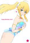  ahoge ass blonde_hair breasts earrings green_eyes hair_ornament happy_birthday hoshii_miki idolmaster idolmaster_(classic) jewelry large_breasts long_hair maruwa_tarou panties side_ponytail sidelocks solo underwear 