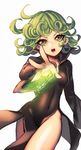  :o ahoge bad_id bad_pixiv_id bangs black_dress cheong_ha covered_navel cowboy_shot dress energy flipped_hair glowing green_eyes green_hair long_sleeves no_panties one-punch_man open_mouth outstretched_arm short_hair side_slit simple_background solo tatsumaki teeth white_background 