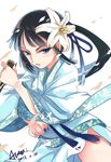  black_hair blue_eyes chinese_clothes commentary_request dagger fate/grand_order fate_(series) fighting_stance flower hair_flower hair_ornament hanfu holding holding_weapon jing_ke_(fate/grand_order) lily_(flower) long_hair nail_polish ponytail puyue reverse_grip solo weapon 