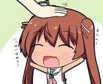  bare_shoulders blush brown_hair chibi closed_eyes commentary_request dress fang hair_ribbon hand_on_another's_head hand_on_head hat kantai_collection libeccio_(kantai_collection) long_hair lowres ogarasu open_mouth out_of_frame outstretched_arms petting ribbon sailor_dress sleeveless smile solo_focus spread_arms translated twintails 