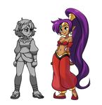  ajna_(indivisible) blue_eyes breasts cleavage crossover dark_skin duplicate earrings indivisible jewelry long_hair monochrome multiple_girls official_art pointy_ears ponytail purple_hair shantae_(character) shantae_(series) short_hair tiara white_background 