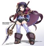  atelier_(series) atelier_totori black_gloves black_hair boots buckle buruma cape character_name full_body gloves hand_on_hip karukan_(monjya) knee_boots long_hair mimi_houllier_von_schwarzlang polearm purple_eyes solo spear standing thighhighs weapon white_background white_legwear 