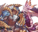  ambiguous_gender anthro blue_eyes capcom claws dragon duo eye_contact fanged_wyvern feral hand_on_thigh jacketbear leviathan licking monster_hunter muscular pink_eyes simple_background smile tamamitsune tongue tongue_out video_games white_background wyvern zinogre 山藥人 