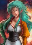  breasts cleavage green_hair hand_on_hip juliet_sleeves long_hair long_sleeves looking_at_viewer medium_breasts puffy_sleeves ryouko_(tenchi_muyou!) solo spiked_hair tenchi_muyou! washuu yellow_eyes 